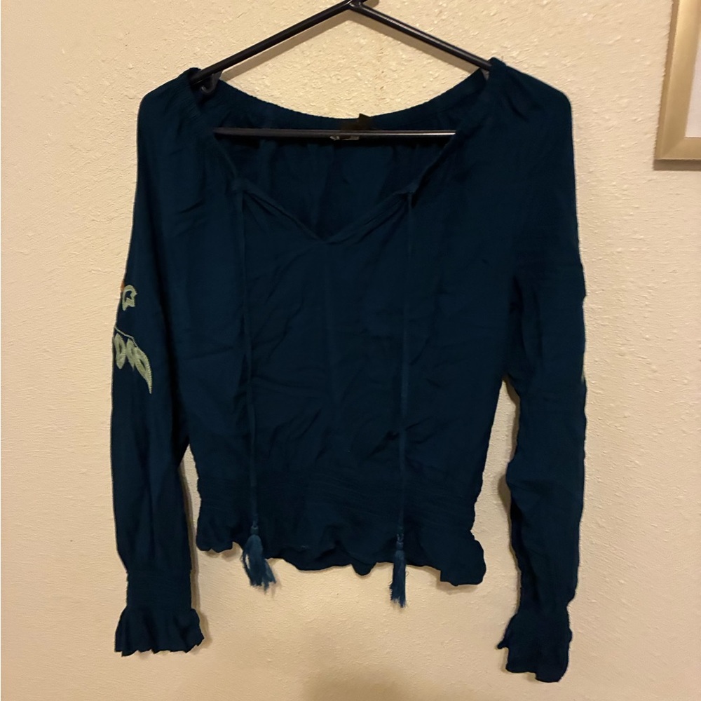 Shyanne Teal Long Sleeve Peasant Blouse with Tassel Ties